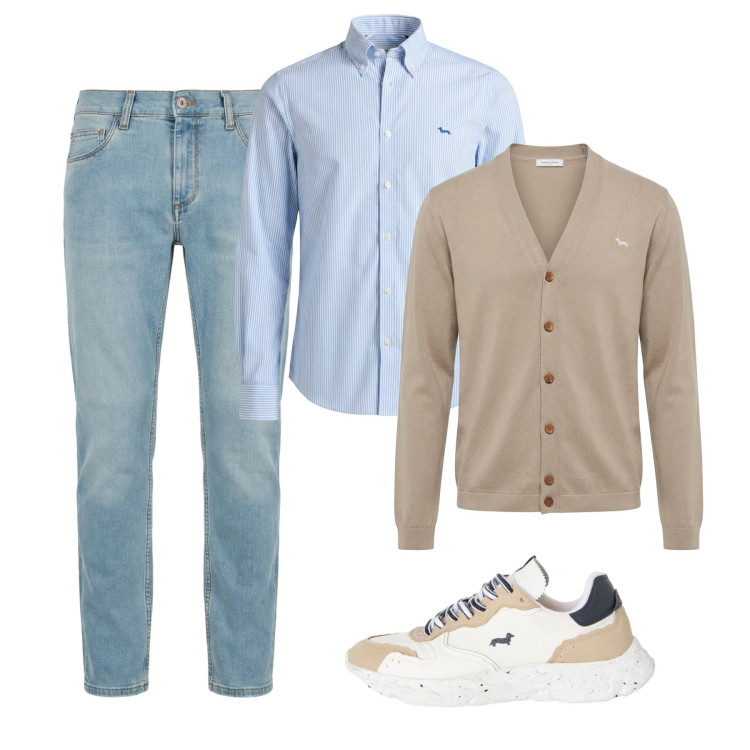 Outfit uomo - Primavera. Stile Casual per Tutti i giorni. Abbinamento con jeans slim fit, sneakers, camicie, cardigans.