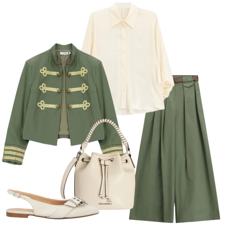 Outfit donna - Total look #2364966. Stile Glamour per Ufficio. Abbinamento con ballerine, borse a secchiello, cappotti, camicie, pantaloni a palazzo.