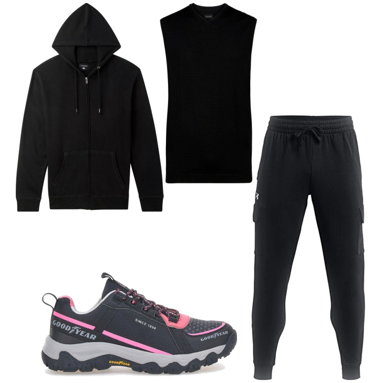 Outfit uomo - Total look #2364971. Stile Urban per Sport. Abbinamento con felpe con cappuccio, gilet, pantaloni, stivali e stivaletti.