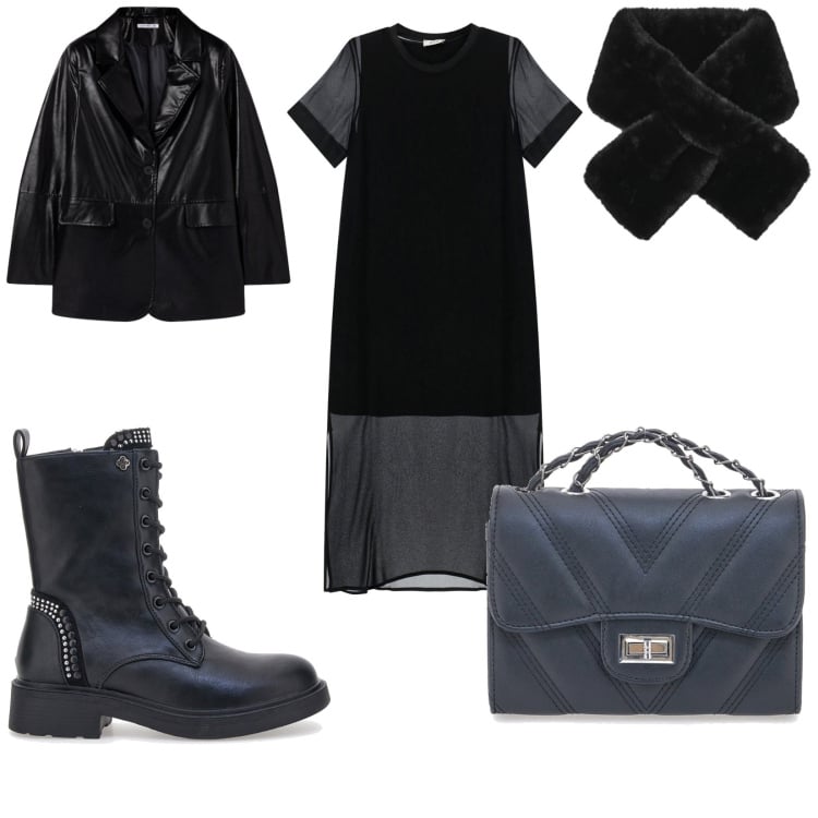 Outfit donna - Total look #2364977. per Serata fuori. Abbinamento con sciarpe, blazer, vestiti midi/longuette, anfibi, borse a tracolla.