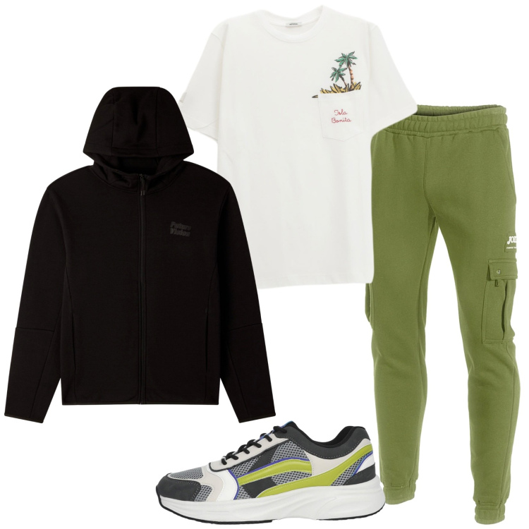 Outfit uomo - Total look #2364981. Stile Urban per Sport. Abbinamento con felpe sportive, sneakers, t-shirt, pantaloni.