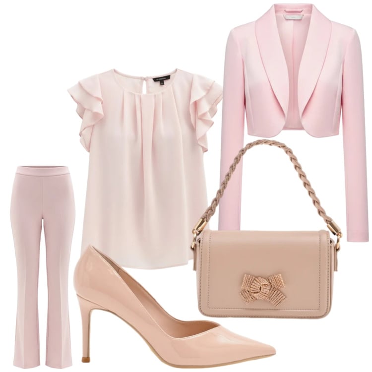 Outfit donna - Cipria. Stile Chic per Serata fuori. Abbinamento con bolero, top, pochette, décolleté, pantaloni.