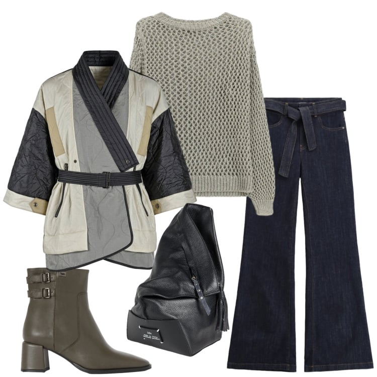 Outfit donna - Total look #2364987. Stile Casual per Tutti i giorni. Abbinamento con zaini, stivaletti, jeans a zampa, kimono, maglieria.