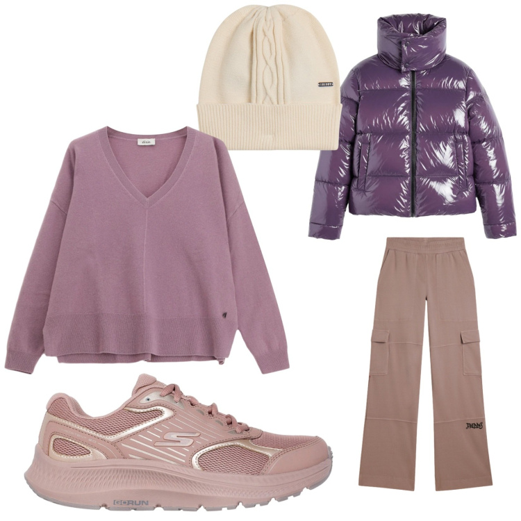 Outfit donna - Total look #2364993. Stile Urban per Scuola/Università. Abbinamento con piumini, maglieria, berretti, pantaloni cargo, sneakers.