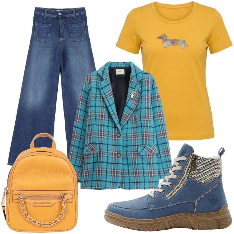 Outfit donna - Energia e allegria. Stile Sporty chic per Tutti i giorni. Abbinamento con zaini, stivaletti, t-shirt, jeans, blazer.