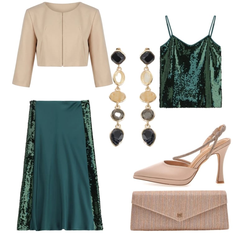 Outfit donna - Total look #2365002. Stile Glamour per Cerimonia. Abbinamento con gonne lunghe, top, bolero, pochette, cappelli con visiera, décolleté.