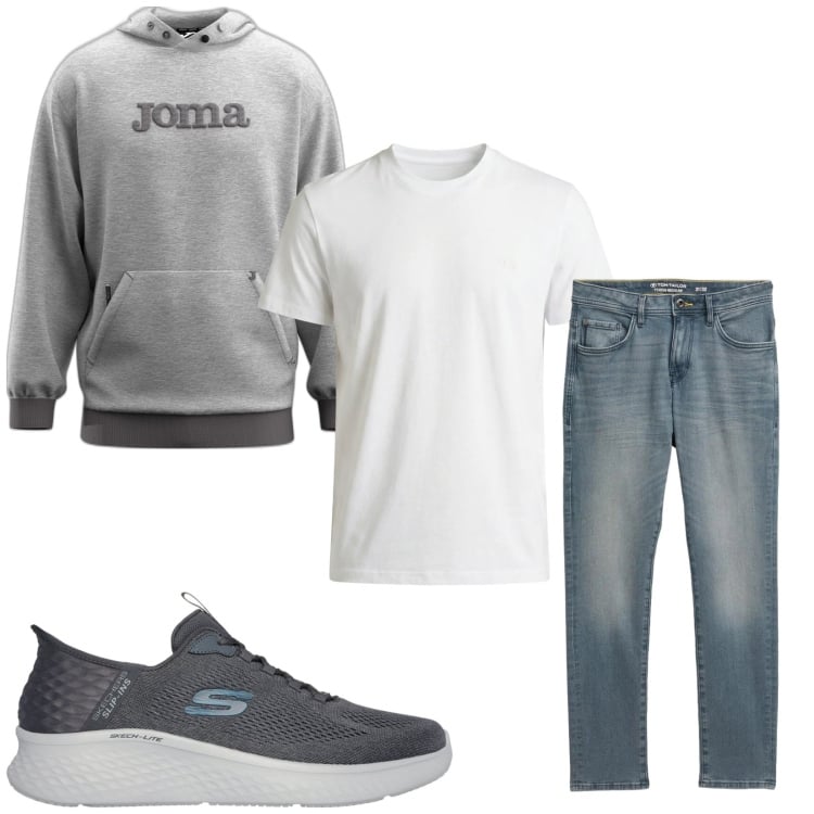 Outfit uomo - Total look #2365004. Stile Trendy per Tutti i giorni. Abbinamento con jeans slim fit, t-shirt, felpe con cappuccio, sneakers.