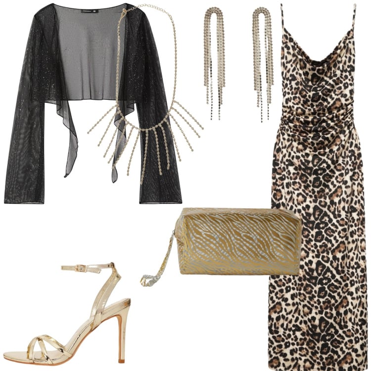 Outfit donna - Total look Terranova. Stile Glamour per Cerimonia. Abbinamento con pochette, blazer, vestiti lunghi, orecchini, collane, sandali col tacco.