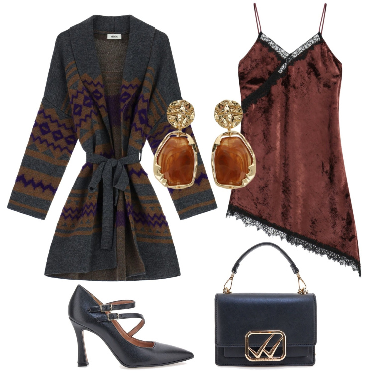 Outfit donna - Total look #2365023. Stile Sexy per Serata fuori. Abbinamento con vestiti asimmetrici, orecchini, cappotti, décolleté, borse a tracolla.