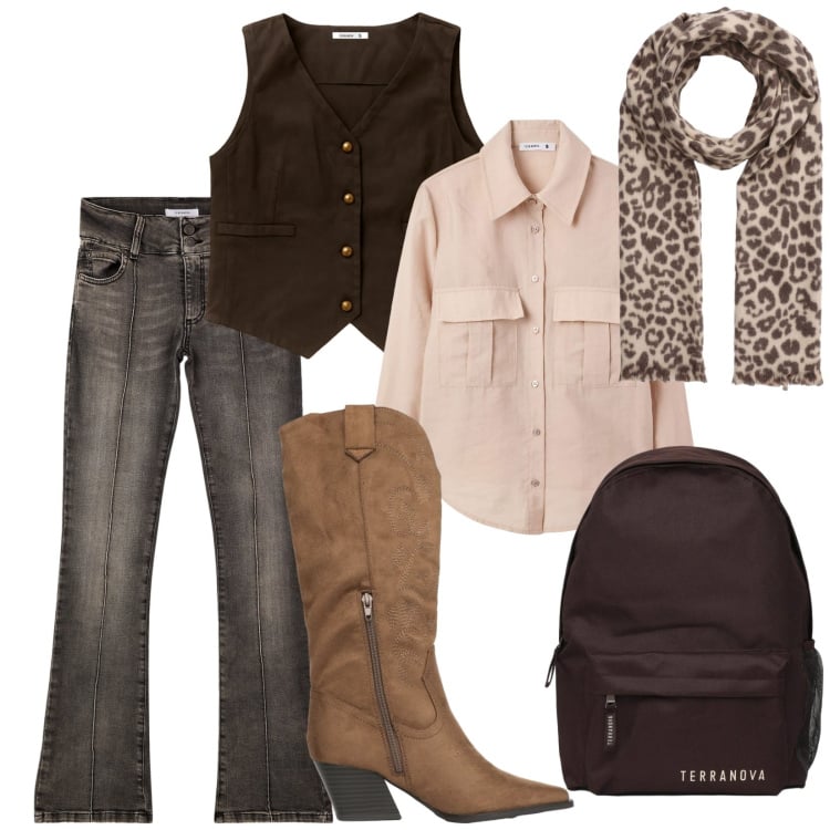 Outfit donna - Rodeo urbano. Stile Sporty chic per Tutti i giorni. Abbinamento con camicie, zaini, sciarpe, jeans, stivali, gilet.