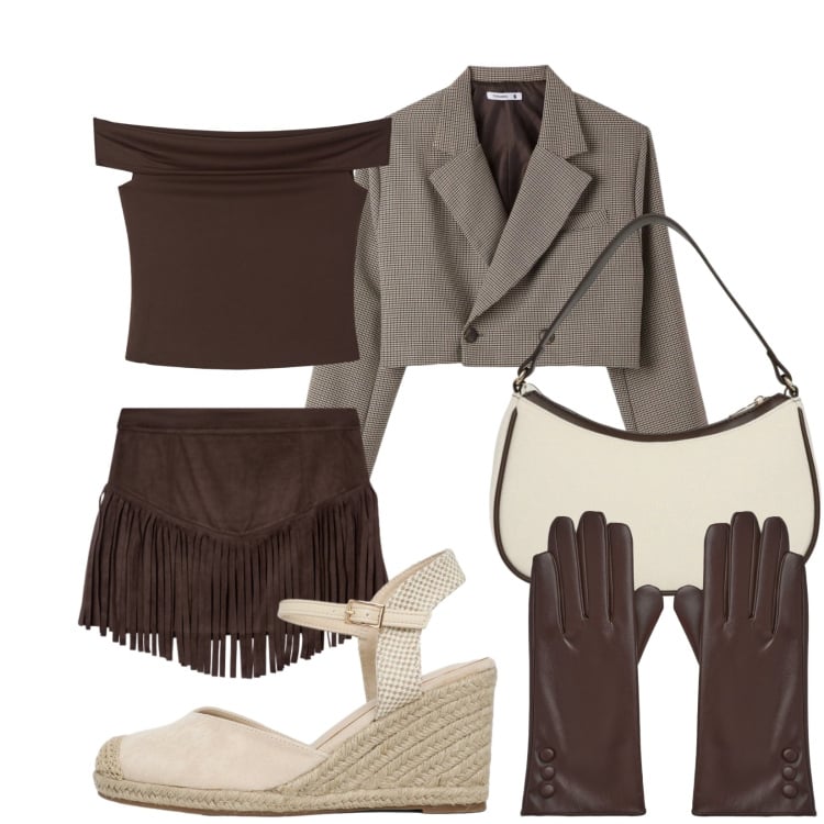 Outfit donna - Deserto West. Stile Sporty chic per Tutti i giorni. Abbinamento con guanti, borse a tracolla, zeppe, minigonne, blazer, top.