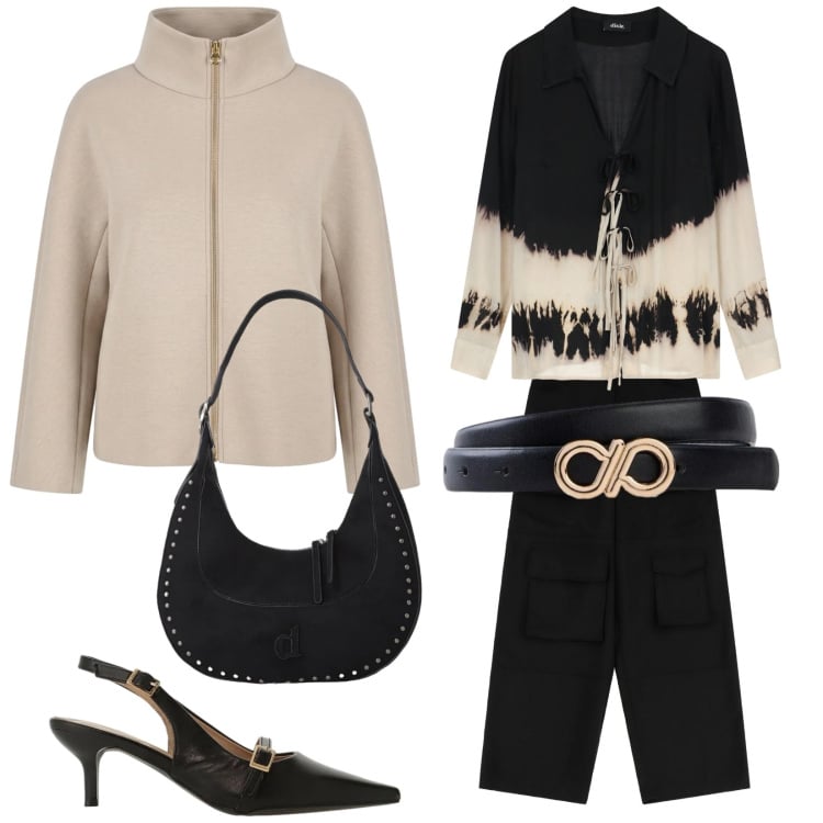 Outfit donna - Total look #2365072. Stile Chic per Serata fuori. Abbinamento con cinture, caban, sandali col tacco, camicie, cappotti, pantaloni a palazzo.