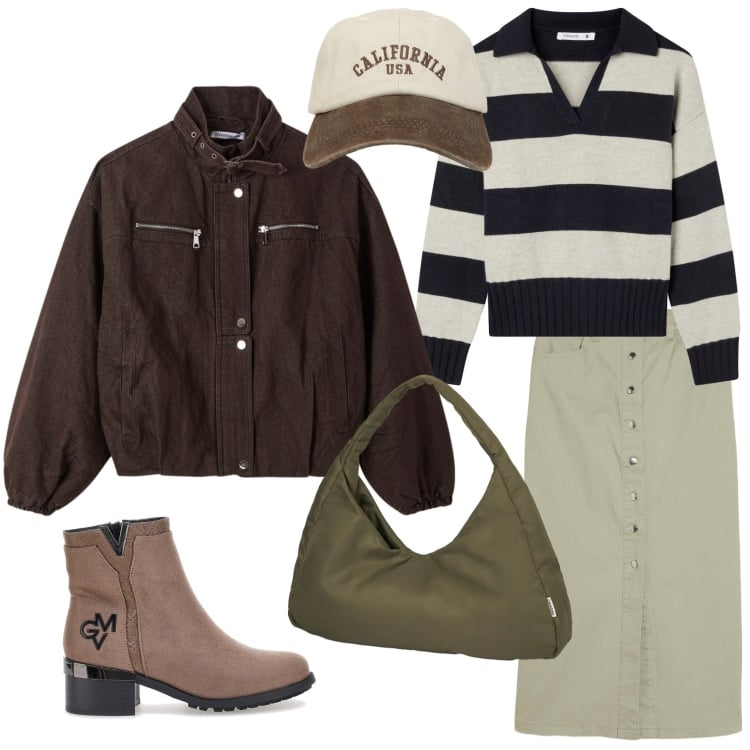 Outfit donna - Per ufficio, università e fuori. Stile Urban per Tutti i giorni. Abbinamento con gonne longuette, maglieria, cappelli con visiera, bomber, borse a spalla, stivaletti.