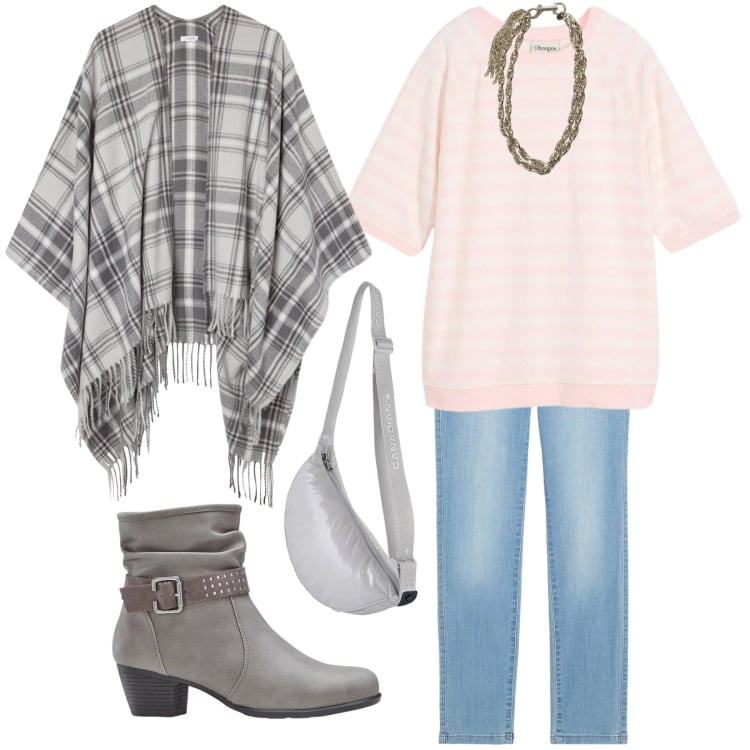 Outfit donna - Maglia in spugna in bianco e rosa. Stile Casual per Tutti i giorni. Abbinamento con jeans dritti, maglieria, stivaletti, cappotti, borse a tracolla, collane.