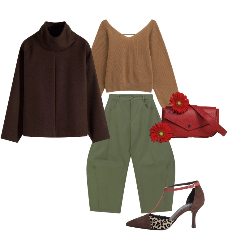 Outfit donna - Eleganza earthy e il twist di rosso. Stile Minimal per Tutti i giorni. Abbinamento con maglieria, pantaloni a palazzo, décolleté, maglieria, borse a tracolla.
