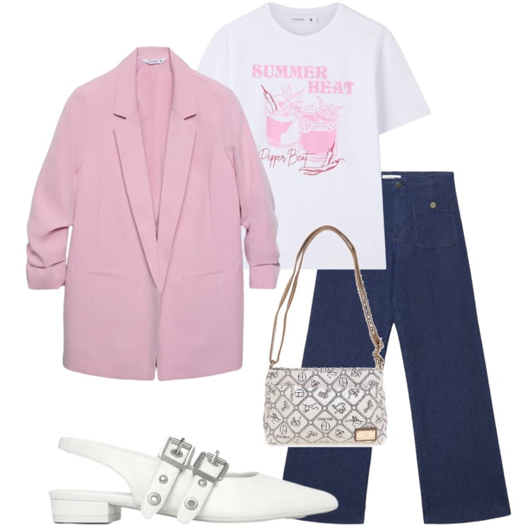 Outfit donna - Casual chic. Stile Casual chic per Serata fuori. Abbinamento con t-shirt, jeans, blazer, ballerine, borse a tracolla.