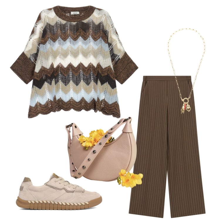 Outfit donna - Total look #2365134. Stile Minimal per Tutti i giorni. Abbinamento con pantaloni a palazzo, borse a spalla, maglieria, ciondoli, sneakers.