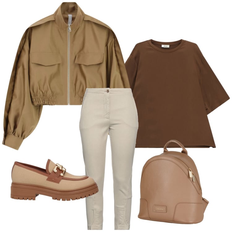 Outfit donna - Total look #2365135. Stile Minimal per Tutti i giorni. Abbinamento con jeans slim fit, zaini, mocassini, bomber, t-shirt.