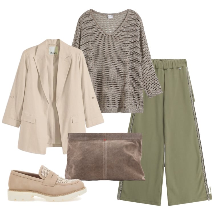 Outfit donna - Total look #2365141. Stile Glamour per Ufficio. Abbinamento con maglieria, blazer, pantaloni a palazzo, mocassini, pochette.