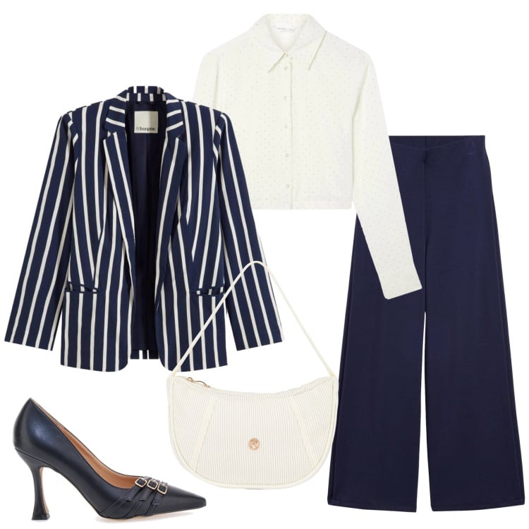 Outfit donna - Total look #2365144. Stile Chic per Ufficio. Abbinamento con pantaloni, blazer, camicie, borse a mano, décolleté.