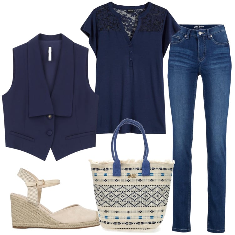 Outfit donna - Total look #2365146. Stile Basic per Tutti i giorni. Abbinamento con maglieria, jeans, zeppe, gilet, borse a mano.