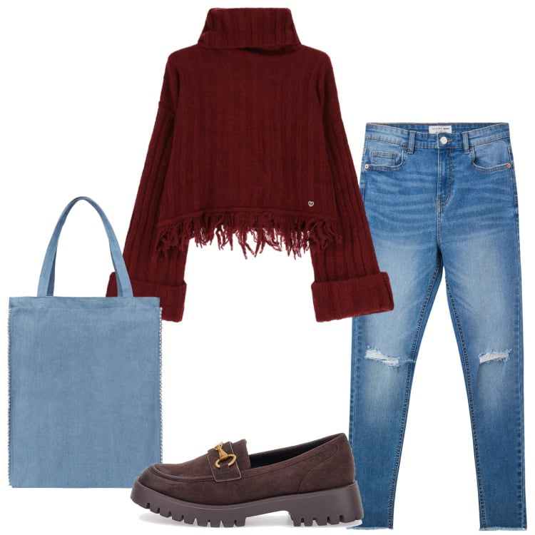 Outfit donna - Total look #2365148. Stile Basic per Tutti i giorni. Abbinamento con jeans strappati, borse tote, maglieria, mocassini.