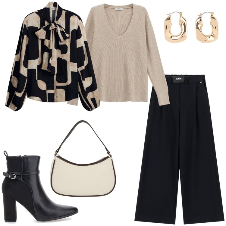 Outfit donna - Eleganza quotidiana. Stile Casual chic per Tutti i giorni. Abbinamento con orecchini, camicie, pantaloni a palazzo, maglieria, stivaletti, borse a tracolla.