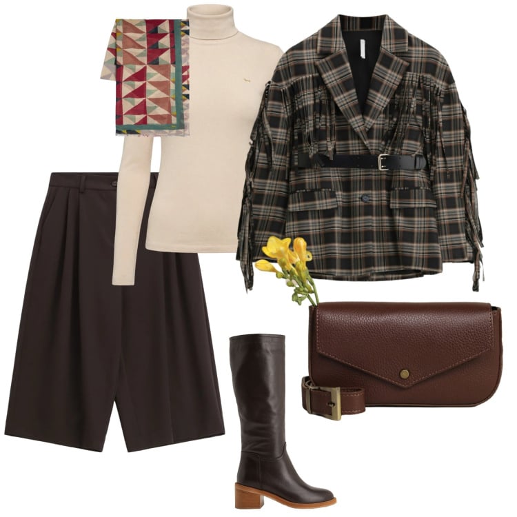 Outfit donna - Primavera fresca. per Tutti i giorni. Abbinamento con stivali, maglieria, sciarpe, shorts, blazer, borse a tracolla.