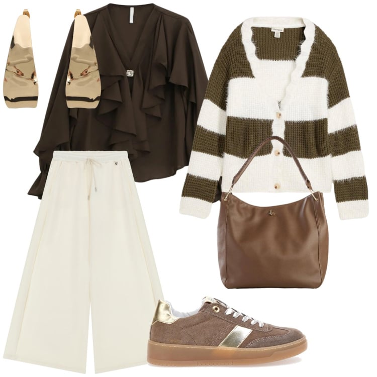 Outfit donna - Venerdì. per Tutti i giorni. Abbinamento con borse a tracolla, cardigans, camicie, orecchini, pantaloni a palazzo, sneakers.