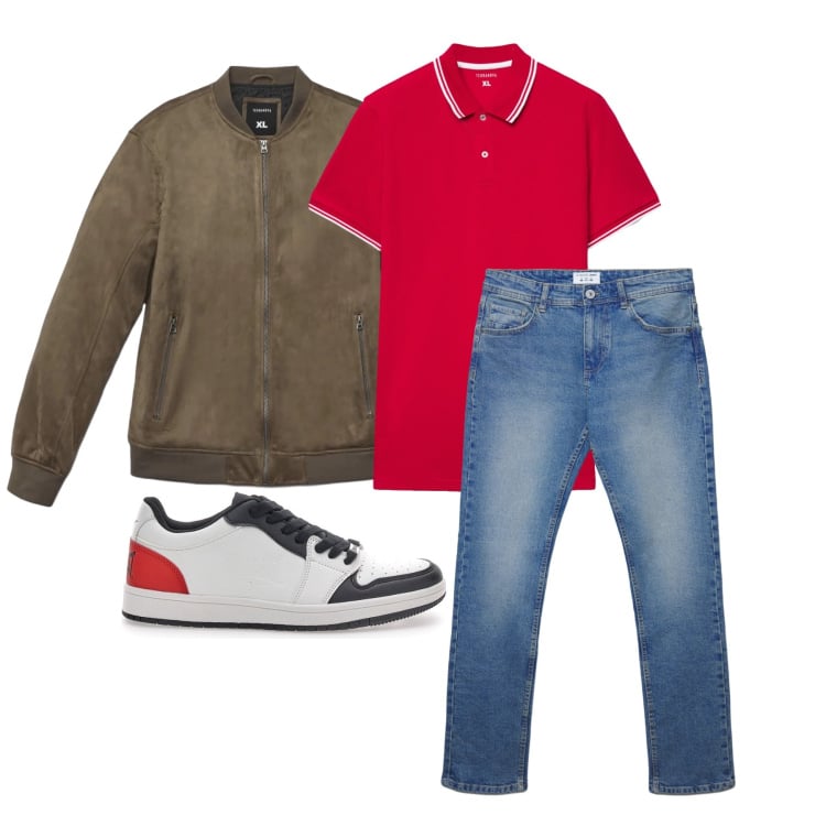Outfit uomo - Marzo. Stile Trendy per Tutti i giorni. Abbinamento con giacche, jeans dritti, polo, sneakers.