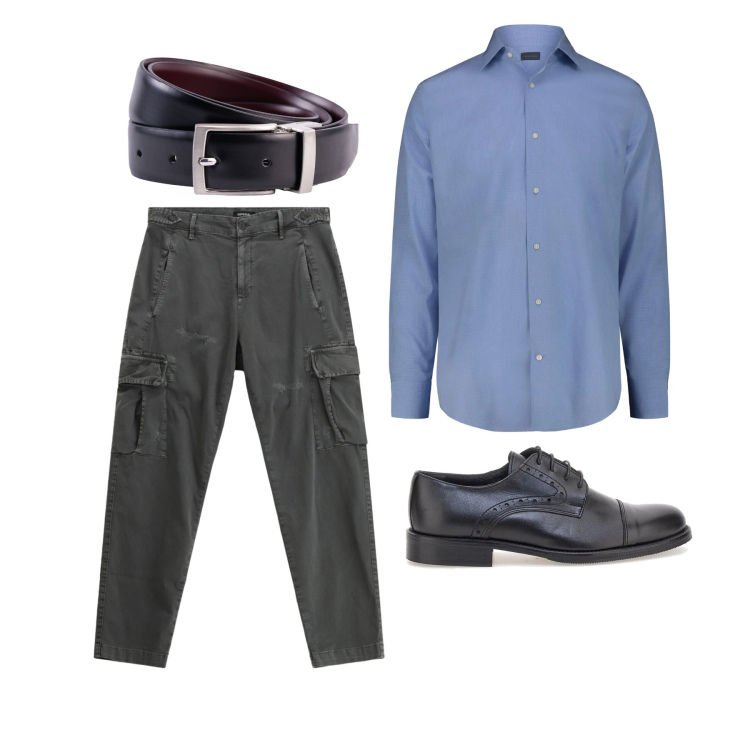 Outfit uomo - Marzo. Stile Business/Elegante per Ufficio. Abbinamento con pantaloni cargo, cinture, camicie, scarpe stringate.