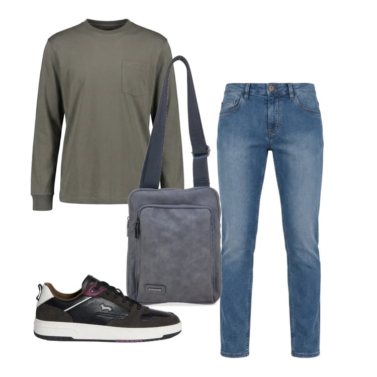 Outfit uomo - Marzo. Stile Casual per Tutti i giorni. Abbinamento con t-shirt, sneakers, jeans, portafogli.