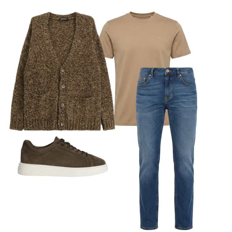 Outfit uomo - Marzo. Stile Casual per Tutti i giorni. Abbinamento con sneakers, jeans, t-shirt, cardigans.