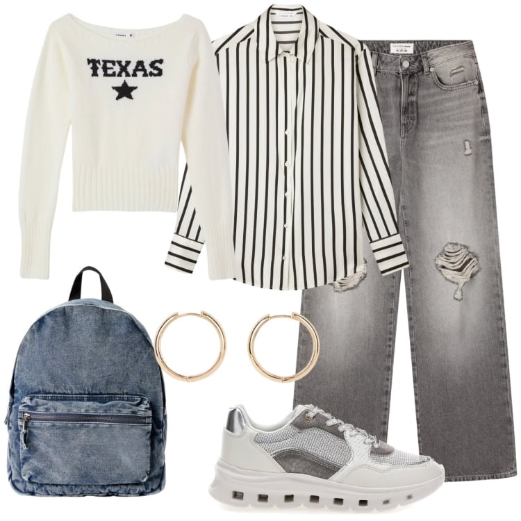 Outfit donna - Jeans e righe per la scuola. Stile Casual per Scuola/Università. Abbinamento con orecchini, zaini, jeans strappati, camicie, maglieria, sneakers.