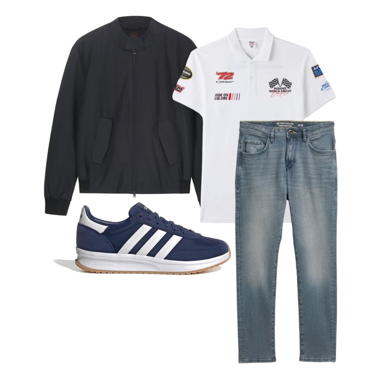 Outfit uomo - Marzo. Stile Casual per Tutti i giorni. Abbinamento con jeans slim fit, polo, bomber, sneakers.