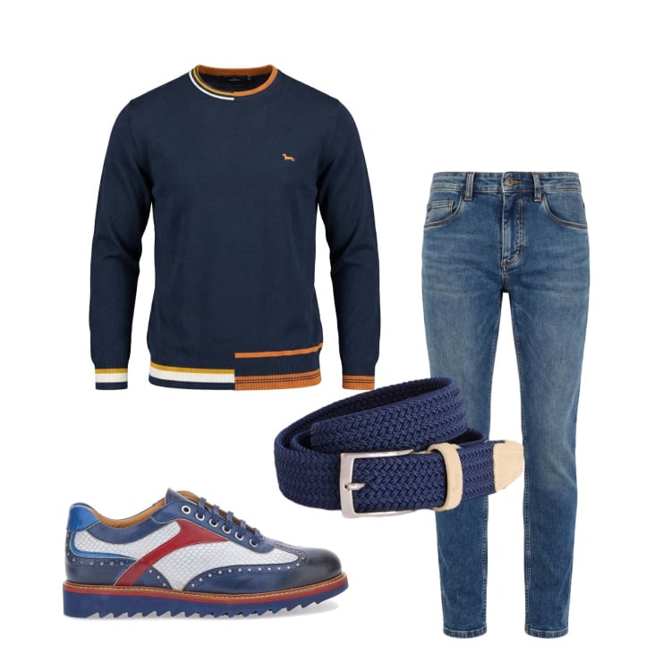 Outfit uomo - Marzo. Stile Trendy per Tutti i giorni. Abbinamento con cinture, pullovers, jeans slim fit, scarpe stringate.