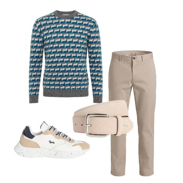 Outfit uomo - Marzo. Stile Trendy per Tutti i giorni. Abbinamento con cinture, sneakers, pullovers, pantaloni cargo.