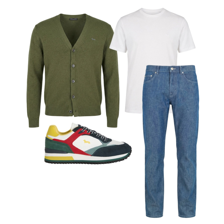 Outfit uomo - Marzo. Stile Trendy per Tutti i giorni. Abbinamento con jeans, sneakers, t-shirt, cardigans.