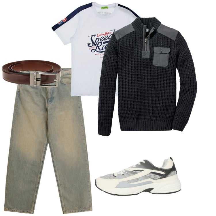 Outfit uomo - È tempo di sneakers. per Tutti i giorni. Abbinamento con maglieria, sneakers, jeans, t-shirt, cinture.