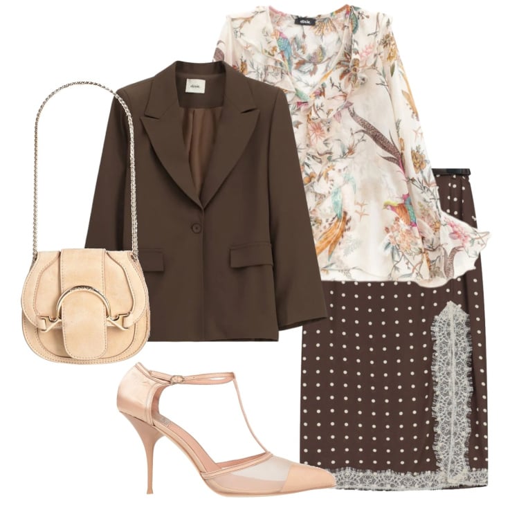 Outfit donna - Riunione del venerdì in pois. Stile Chic per Ufficio. Abbinamento con marsupi, décolleté, gonne lunghe, blazer, bluse.