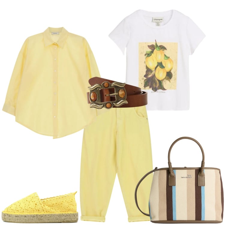 Outfit donna - Primavera alle porte. Stile Casual chic per Tutti i giorni. Abbinamento con t-shirt, shopping bag, pantaloni, cinture, camicie, espadrillas.
