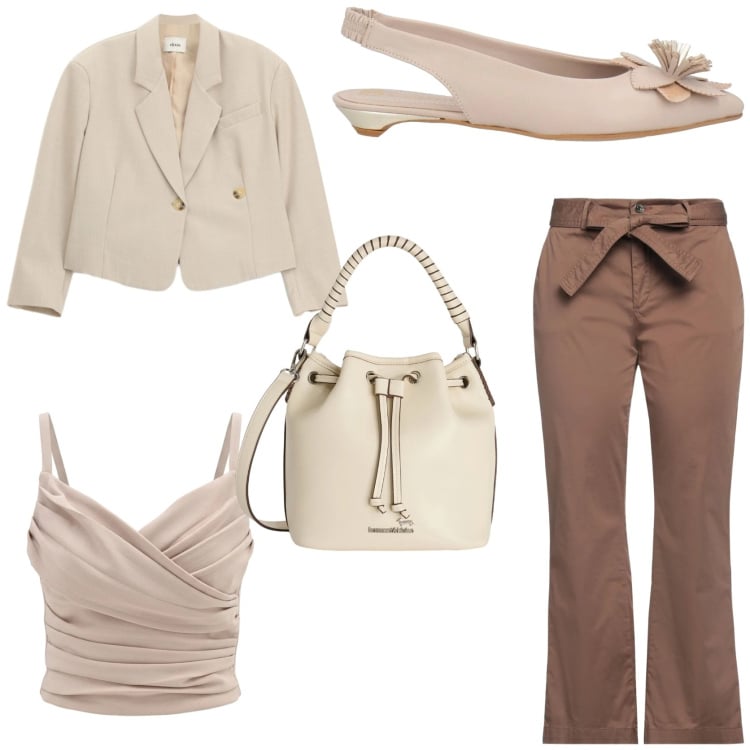 Outfit donna - Urban Chic. Stile Chic per Tutti i giorni. Abbinamento con pantaloni, ballerine, borse a secchiello, blazer, canottiere.