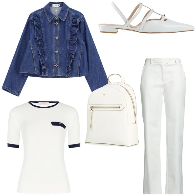 Outfit donna - Bon ton in città. Stile Bon Ton per Tutti i giorni. Abbinamento con ballerine, zaini, pantaloni, blazer, t-shirt.