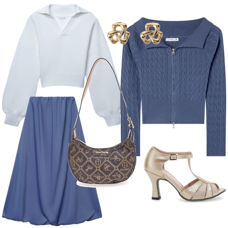 Outfit donna - Trendy 2026. Stile Trendy per Tutti i giorni. Abbinamento con cardigans, maglieria, gonne lunghe, orecchini, borse a tracolla, décolleté.