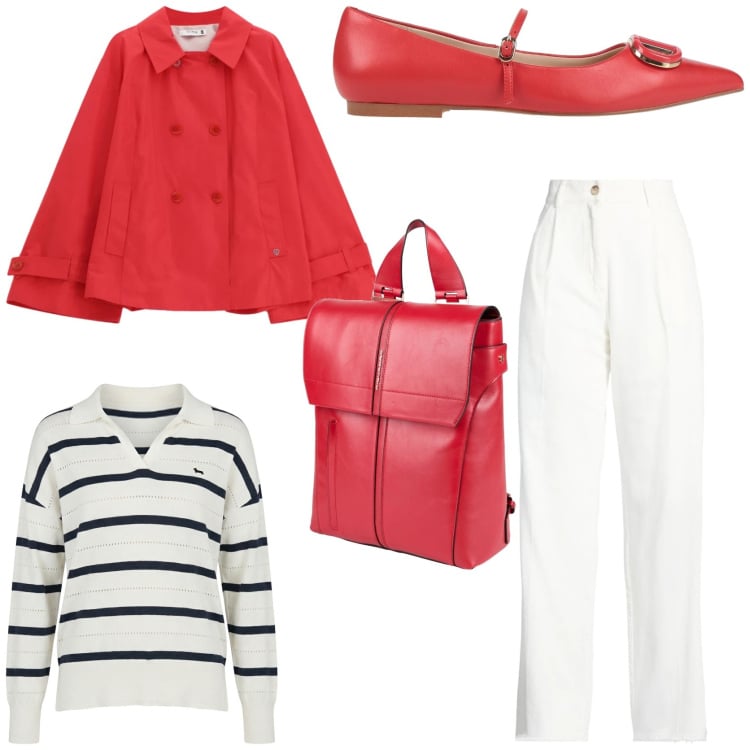 Outfit donna - Grintosa in rosso. Stile Casual chic per Tutti i giorni. Abbinamento con ballerine, zaini, pantaloni, maglieria, giacche.