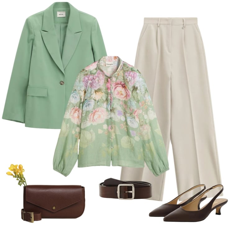 Outfit donna - Fluidità in fiore. Stile Glamour per Ufficio. Abbinamento con bluse, pantaloni, décolleté, blazer, cinture, borse a tracolla.
