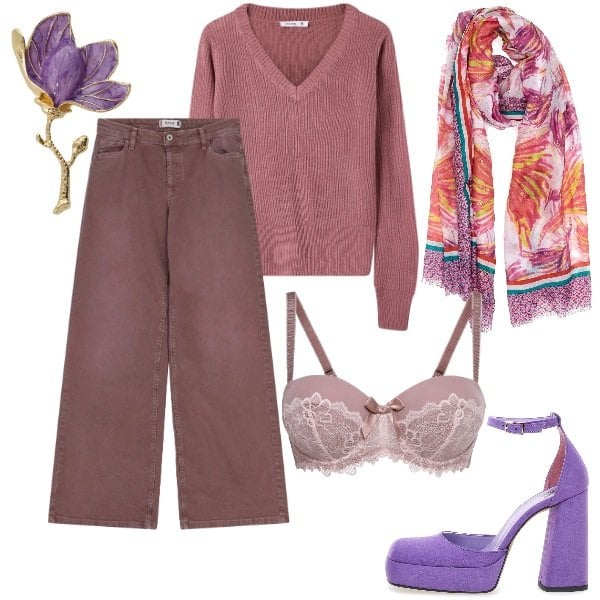 Outfit donna - Lilla, qua e là. Stile Romantica per Tutti i giorni. Abbinamento con reggiseni a balconcino, maglieria, pantaloni a palazzo, blazer, décolleté, sciarpe.
