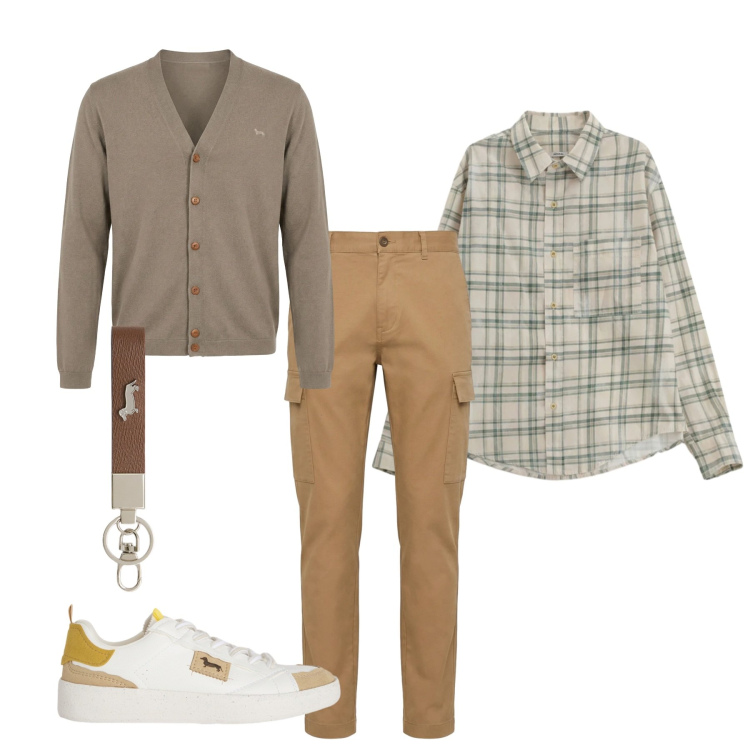Outfit uomo - Cargo da weekend. Stile Casual per Tutti i giorni. Abbinamento con portachiavi, sneakers, cardigans, pantaloni cargo, camicie.