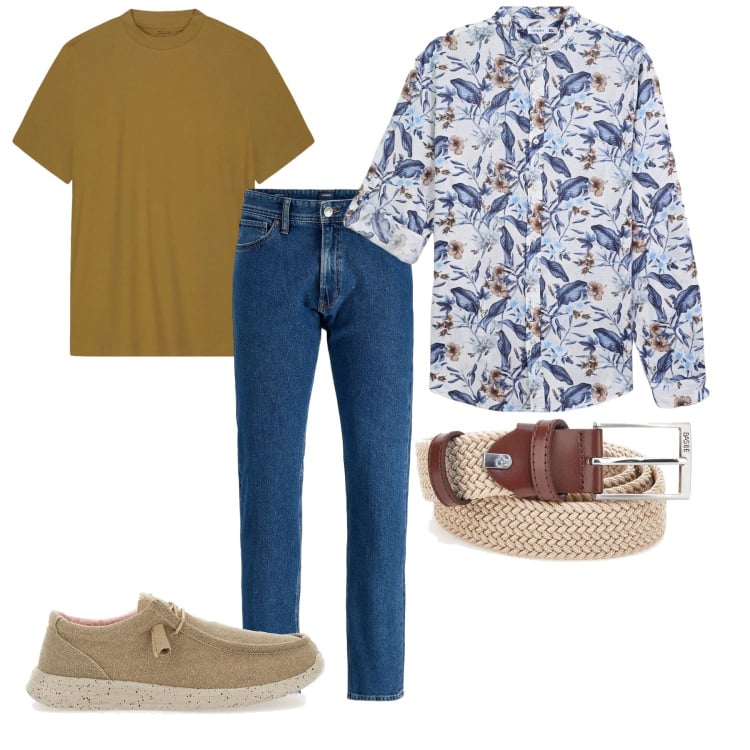 Outfit uomo - Infiorato. Stile Casual per Tutti i giorni. Abbinamento con jeans, camicie, scarpe stringate, cinture, t-shirt.