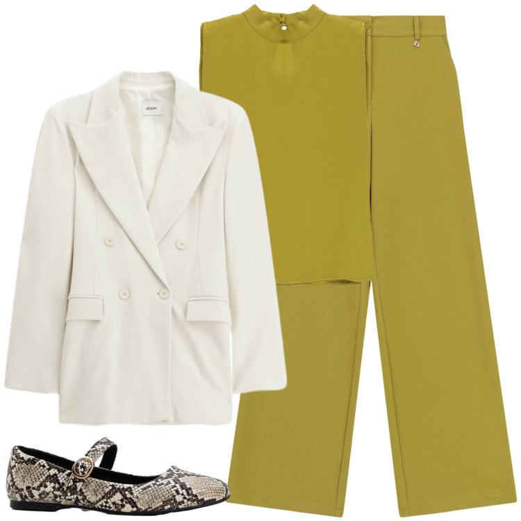 Outfit donna - Lime & Cream: Il Nuovo Rigore. Stile Minimal per Ufficio. Abbinamento con ballerine, top, blazer, pantaloni a palazzo.